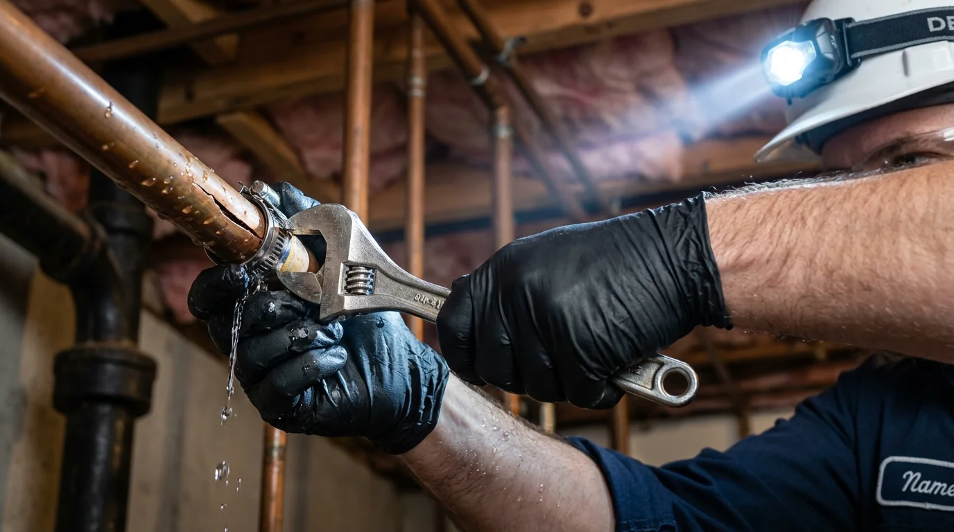 Emergency pipe clamp repair being performed by a Johns Plumbing LLC plumber in Prince Frederick